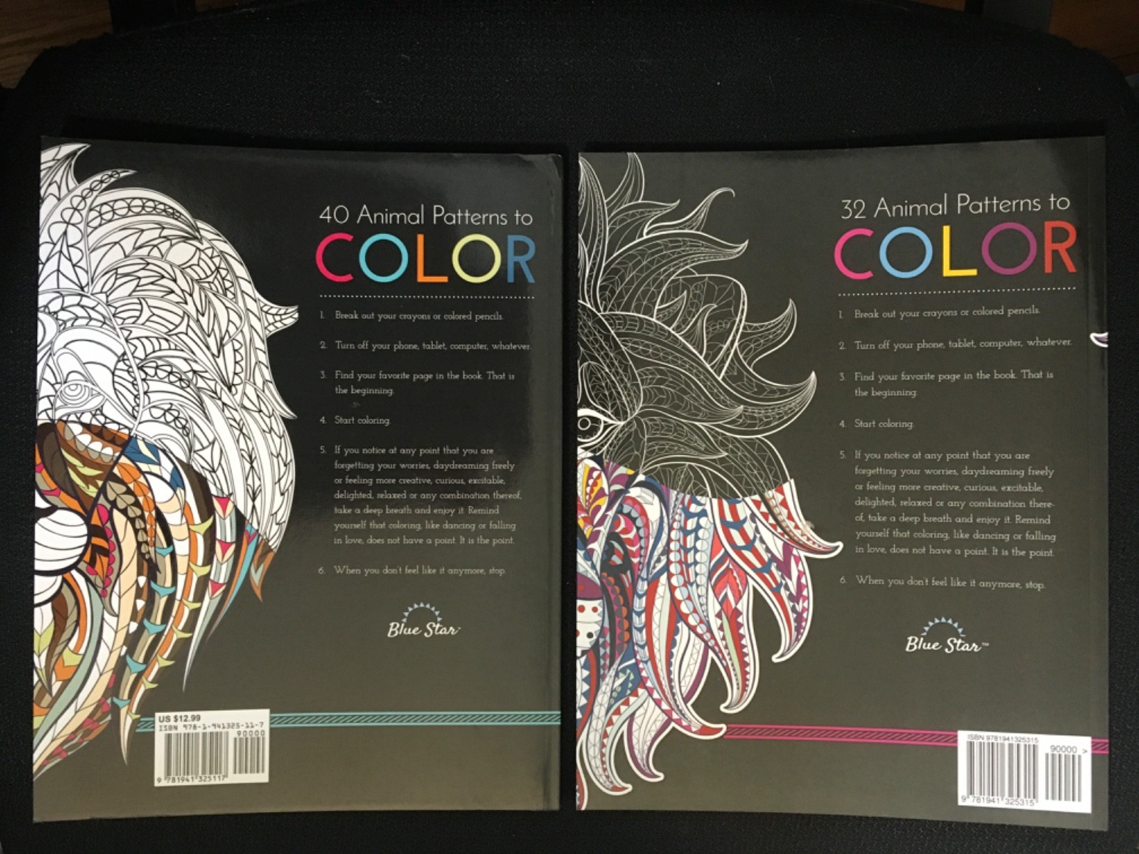 Lot Blue Star ADULT COLORING BOOKs Volumes 1 & 2 Stress Relief Animal Designs