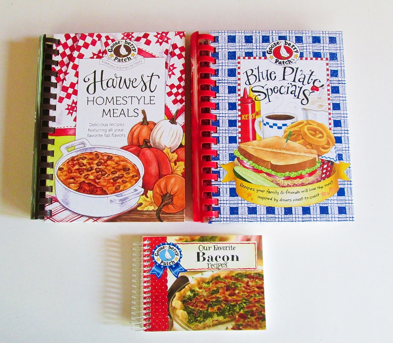 Lot 3 Gooseberry Patch Cookbooks: Harvest Homestyle, Blue Plate, Favorite Bacon