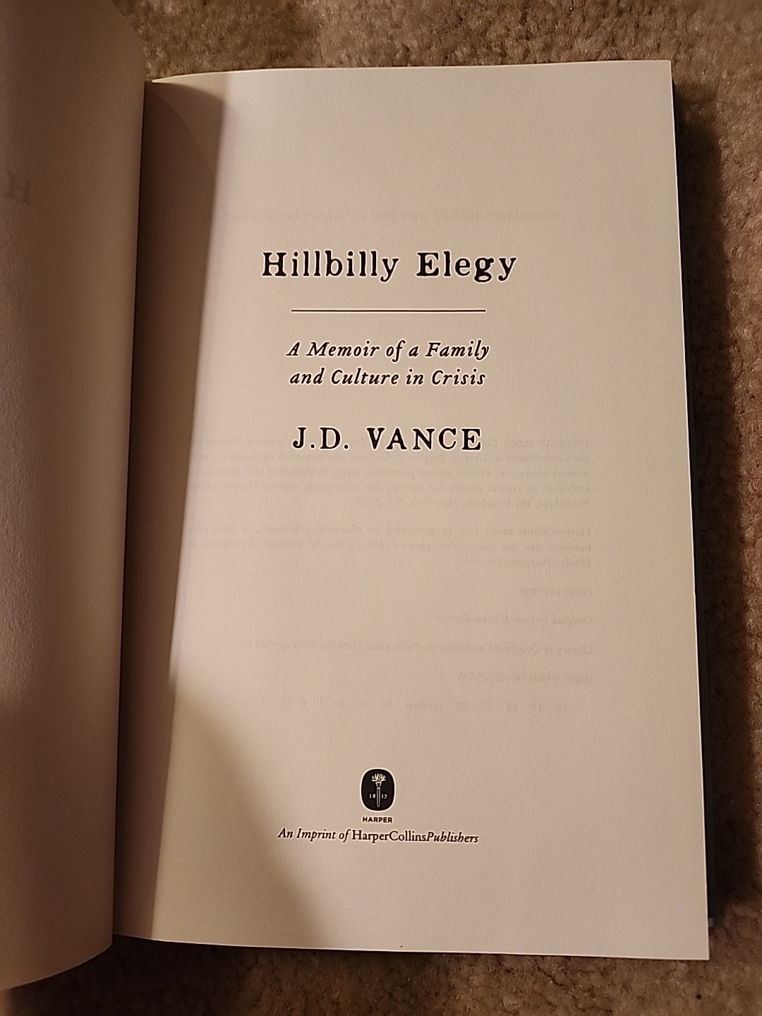 Hillbilly Elegy, J.D. Vance, True 1st Edition/1st Printing, 2016, HC/DJ, Rare