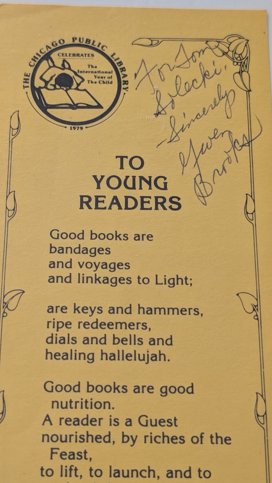2 Signed Items by Gwendolyn Brooks – Selected Poems Book & To Young Readers Poem