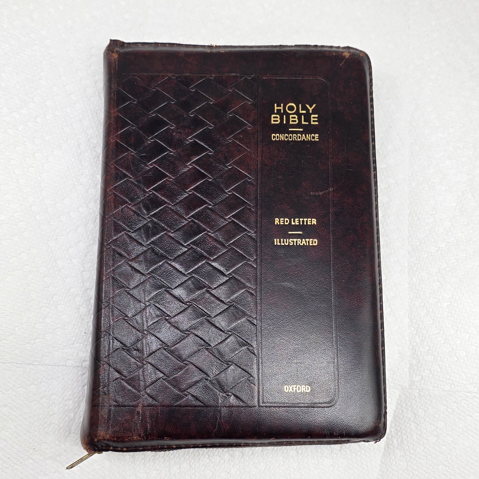 Oxford KJV Bible Brown Basketweave LEATHER Zipper; 1940s Red Letter; Illustrated