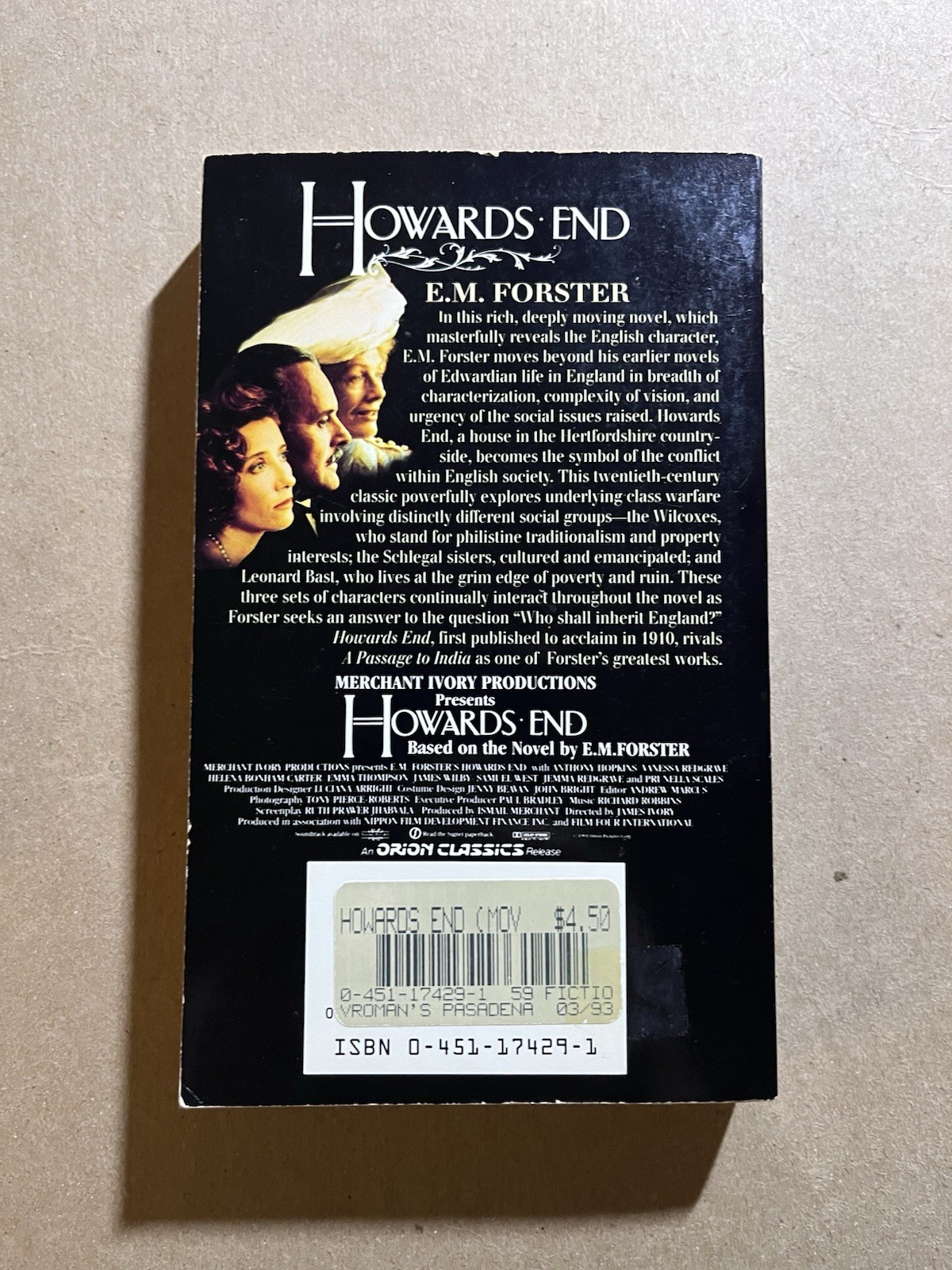HOWARDS END by E. M. Forster 1992 Signet paperback MOVIE TIE IN