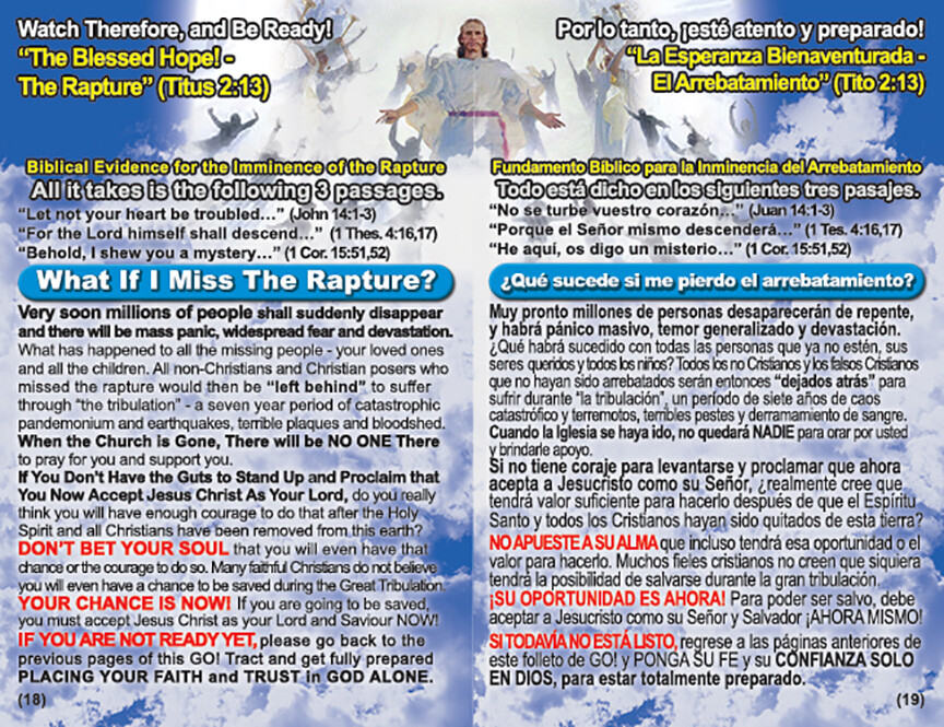 SPANISH/ENGLISH, RAPTURE BIBLE Tracts, 40 Pack in 2 Covers, 20 Pages Each
