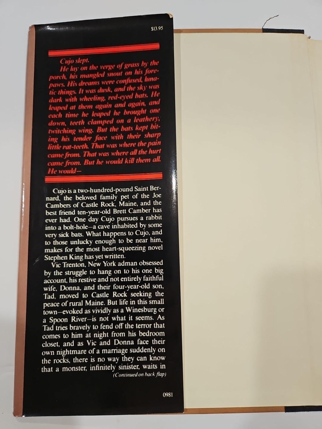 STEPHEN KING CUJO 1981 HCDJ TRUE 1ST EDITION $13.95 ON DJ FLAP READ DESCRIPTION