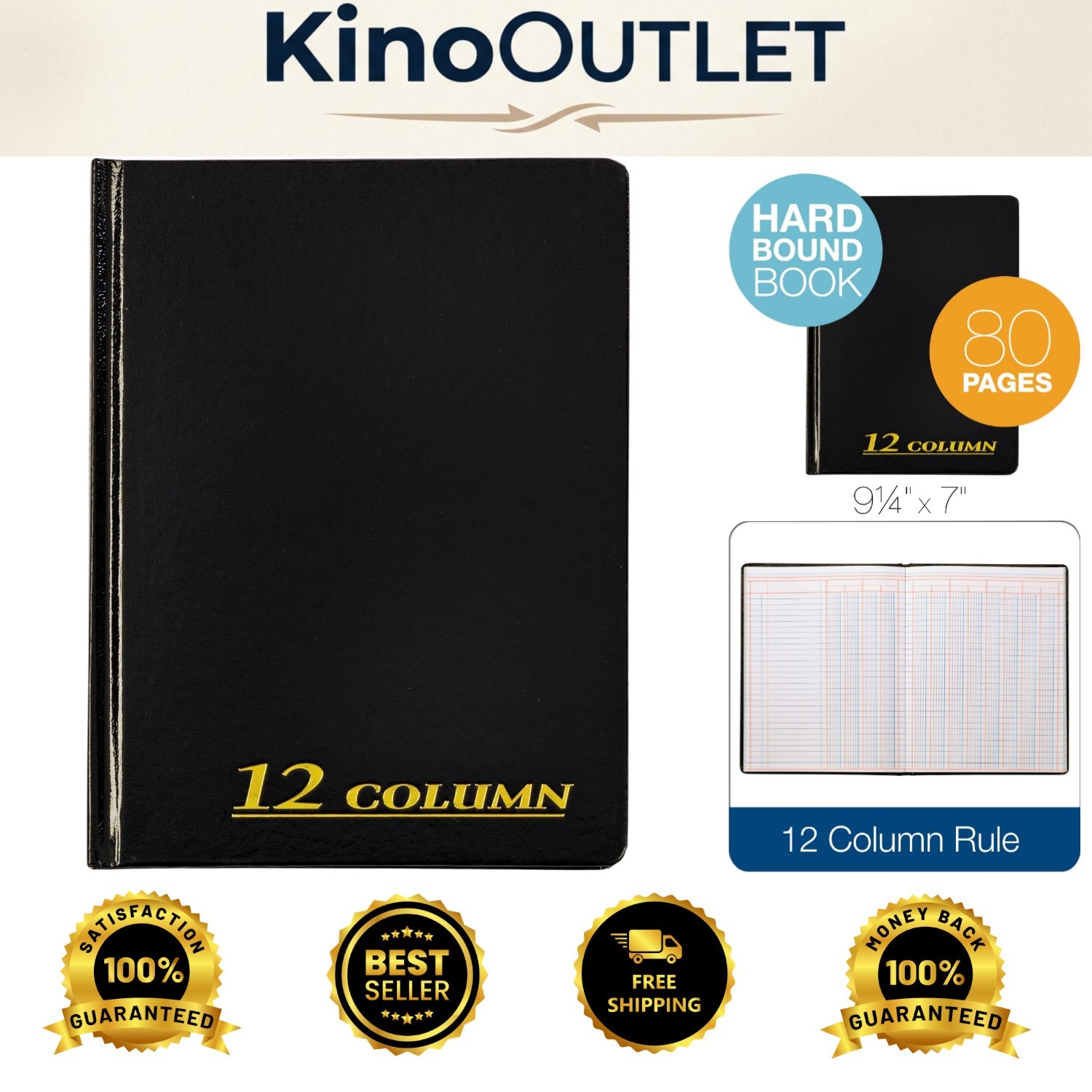 7×9.25 Black Account Book – Acid-Free Paper, 12 Columns for Record Keeping