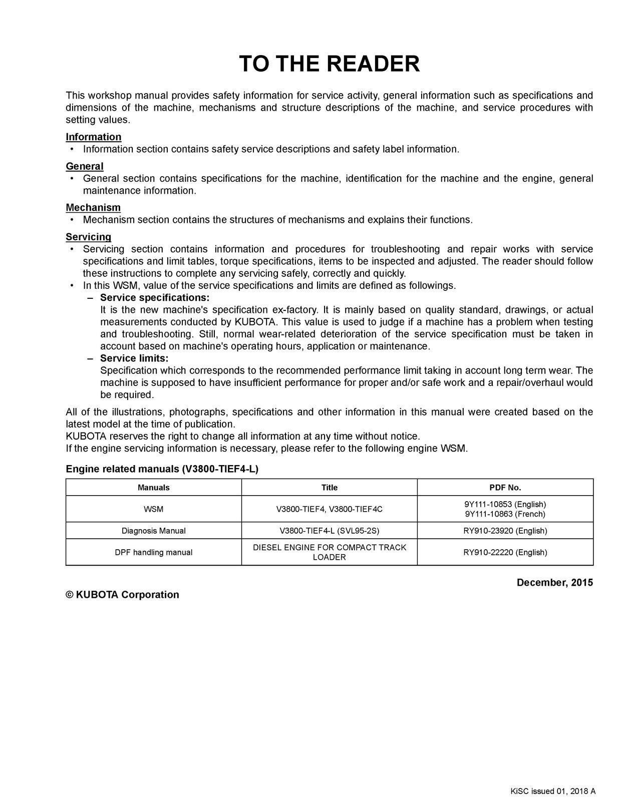 KUBOTA SVL95-2s COMPACT TRACK LDR WORSHOP MANUAL, SECURED – JACKET – XL FOLDOUTS