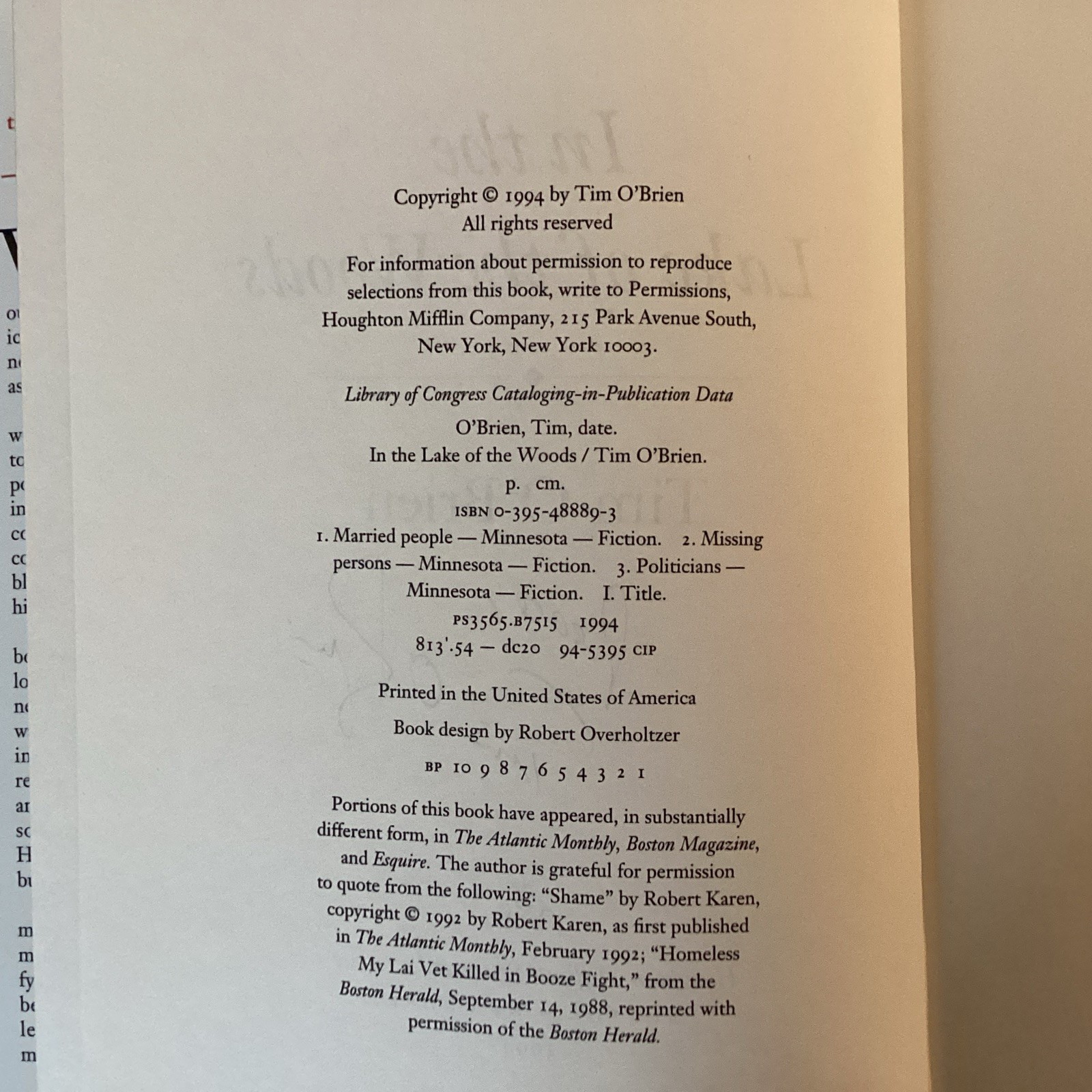 In the Lake of the Woods by Tim O’Brien – SIGNED!! (1994, Hardcover) 1st Edition