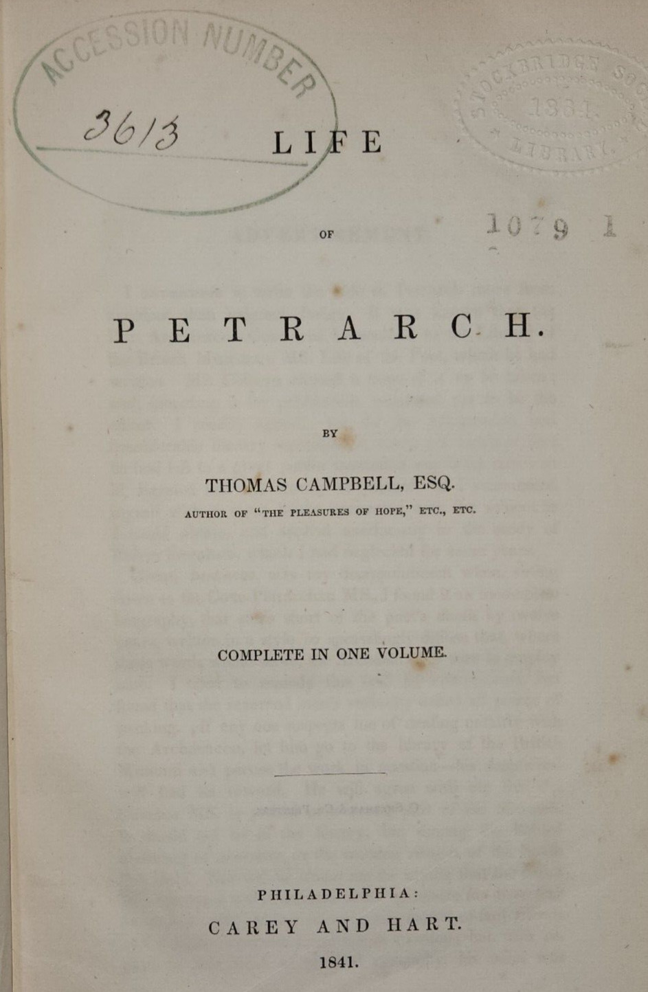 Life of Petrarch: Thomas Campbell. Carey and Hart, Pub. Hardcover 1841