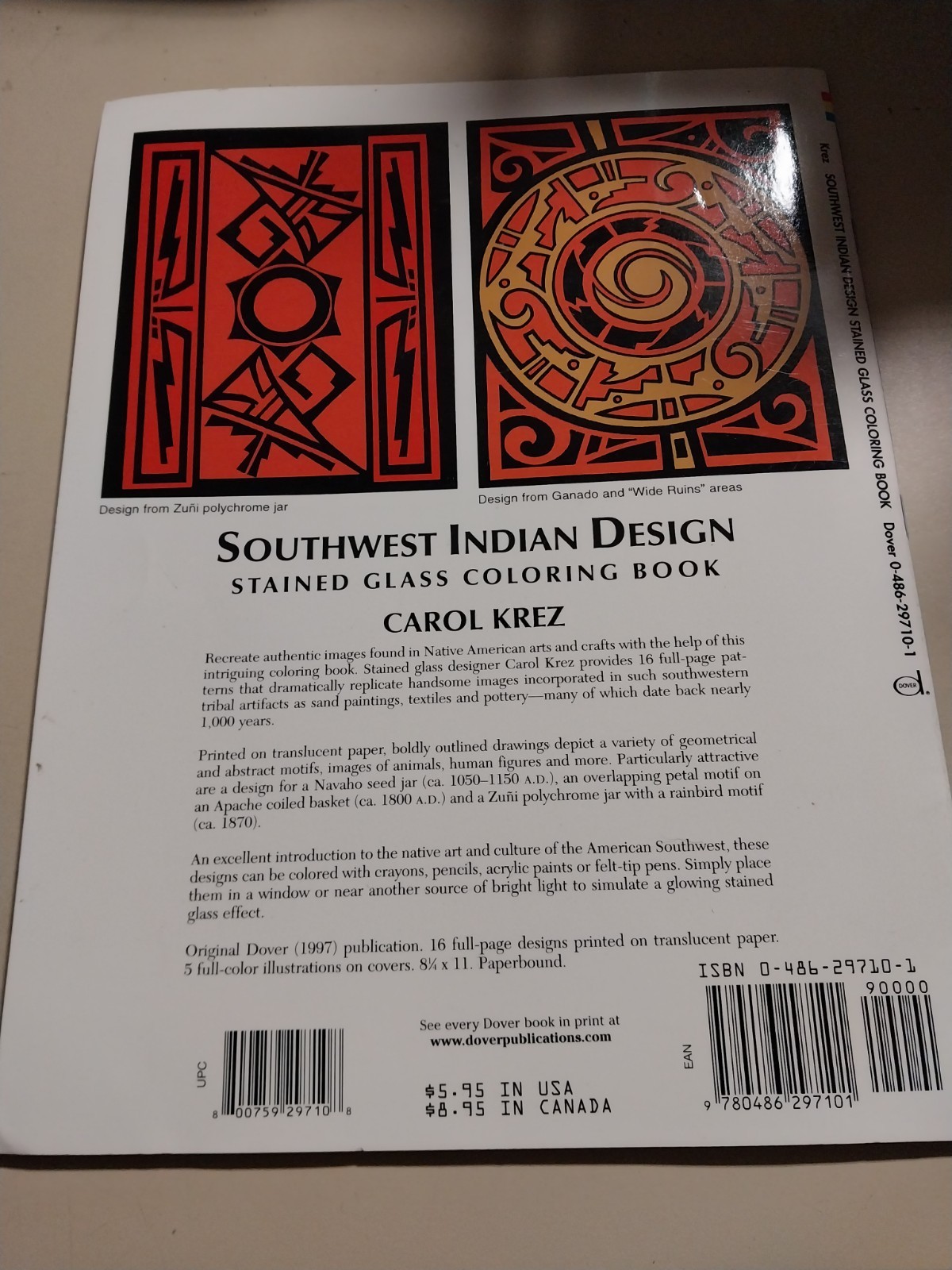 southwest indian design: stained glass coloring book by carol krez