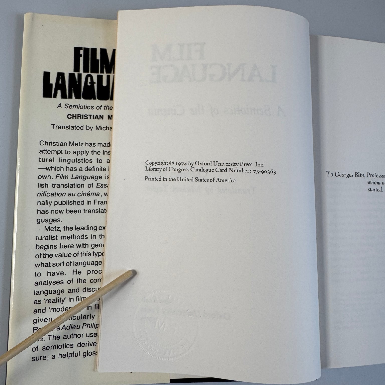 Film Language Christian Metz 1974 First Edition Semiotics Oxford Press