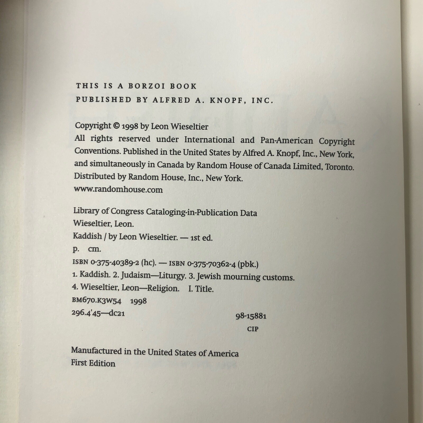 Kaddish – Hardcover By Wieseltier, Leon – First Edition GOOD