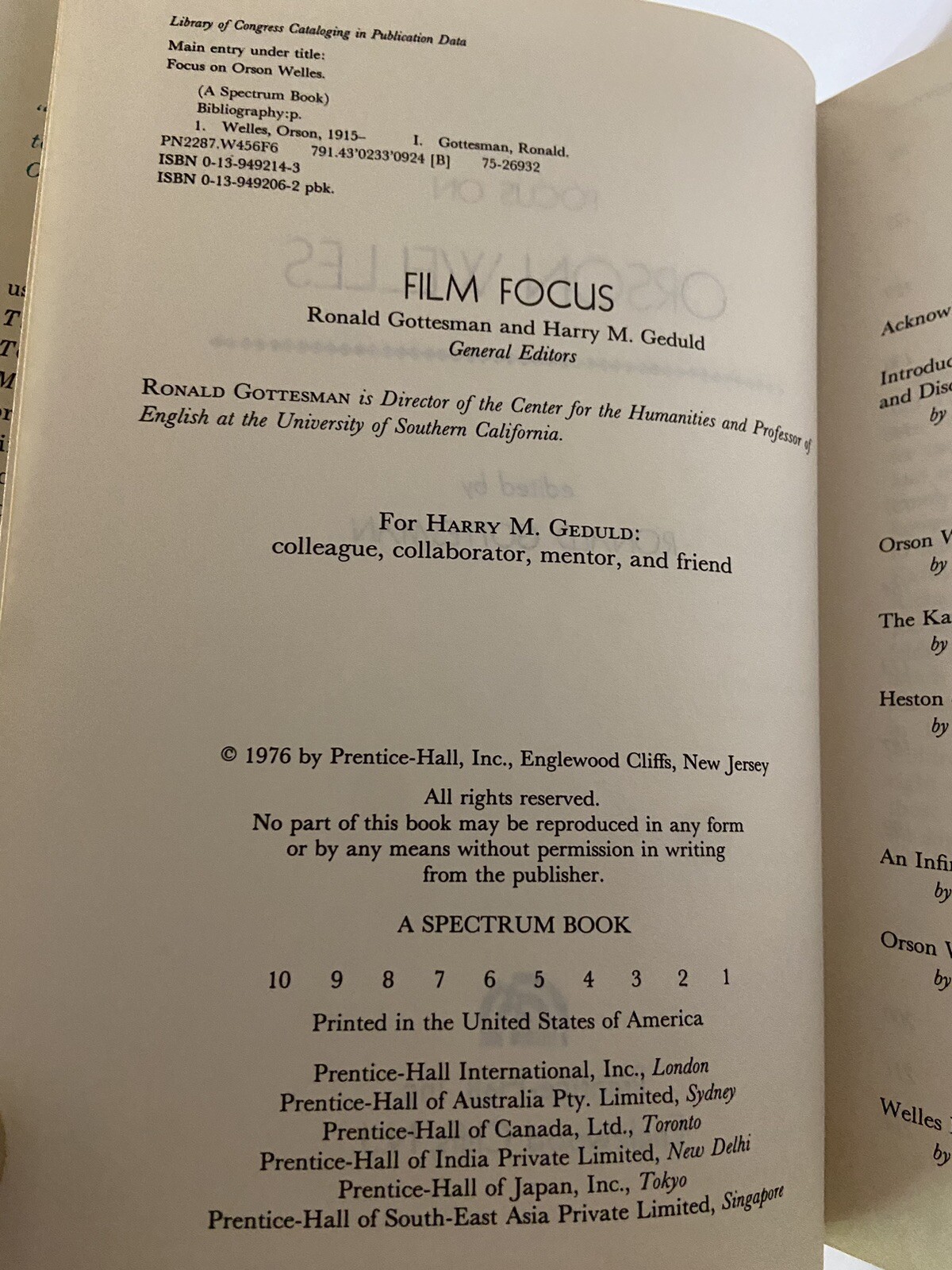 Focus on Orson Welles by Ronald Gottesman (1976 SIGNED 1st Hardcover)