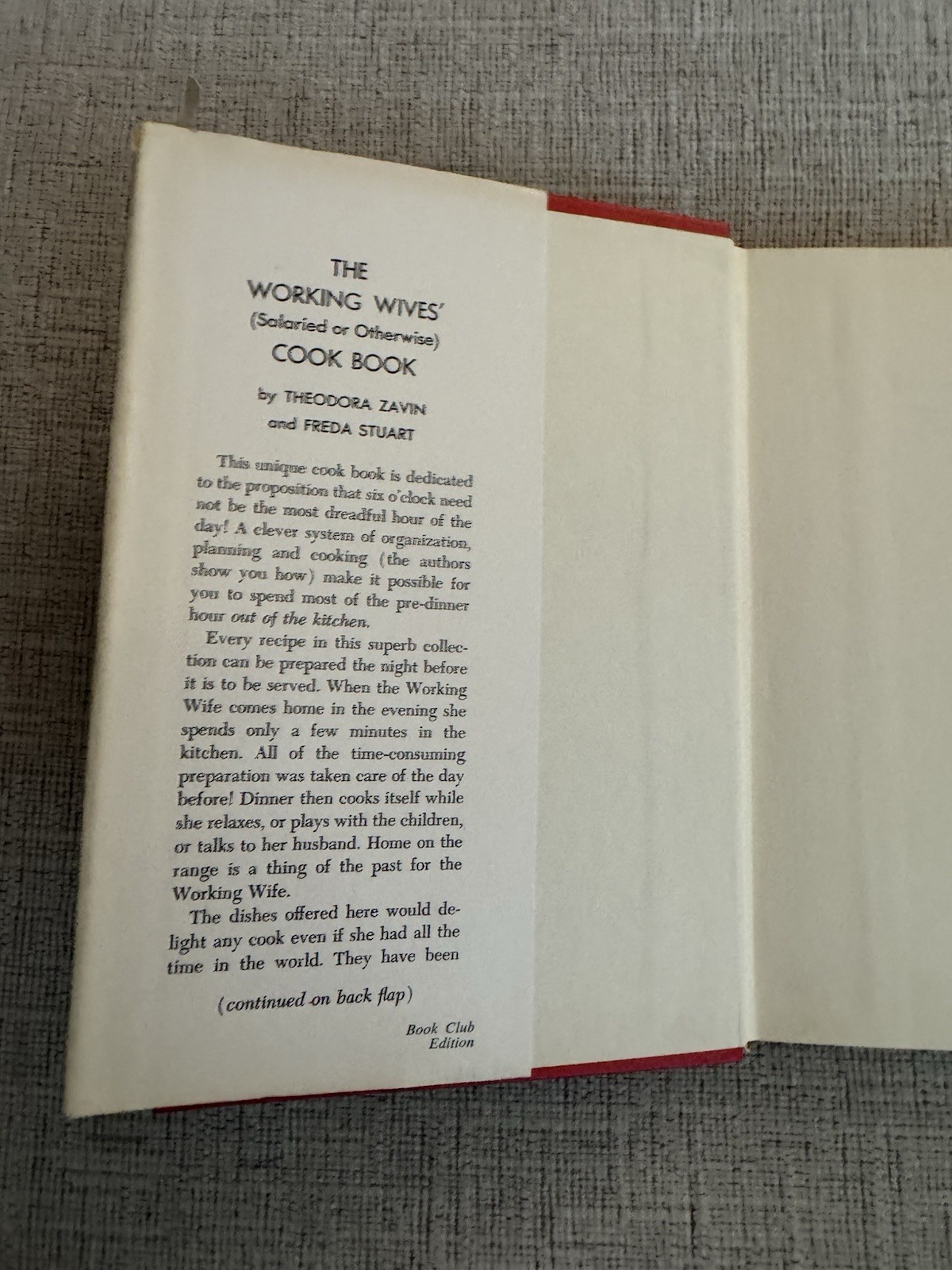 Working Wives Cook Book Zavin Stuart 1963 HC DJ Vintage Make Ahead