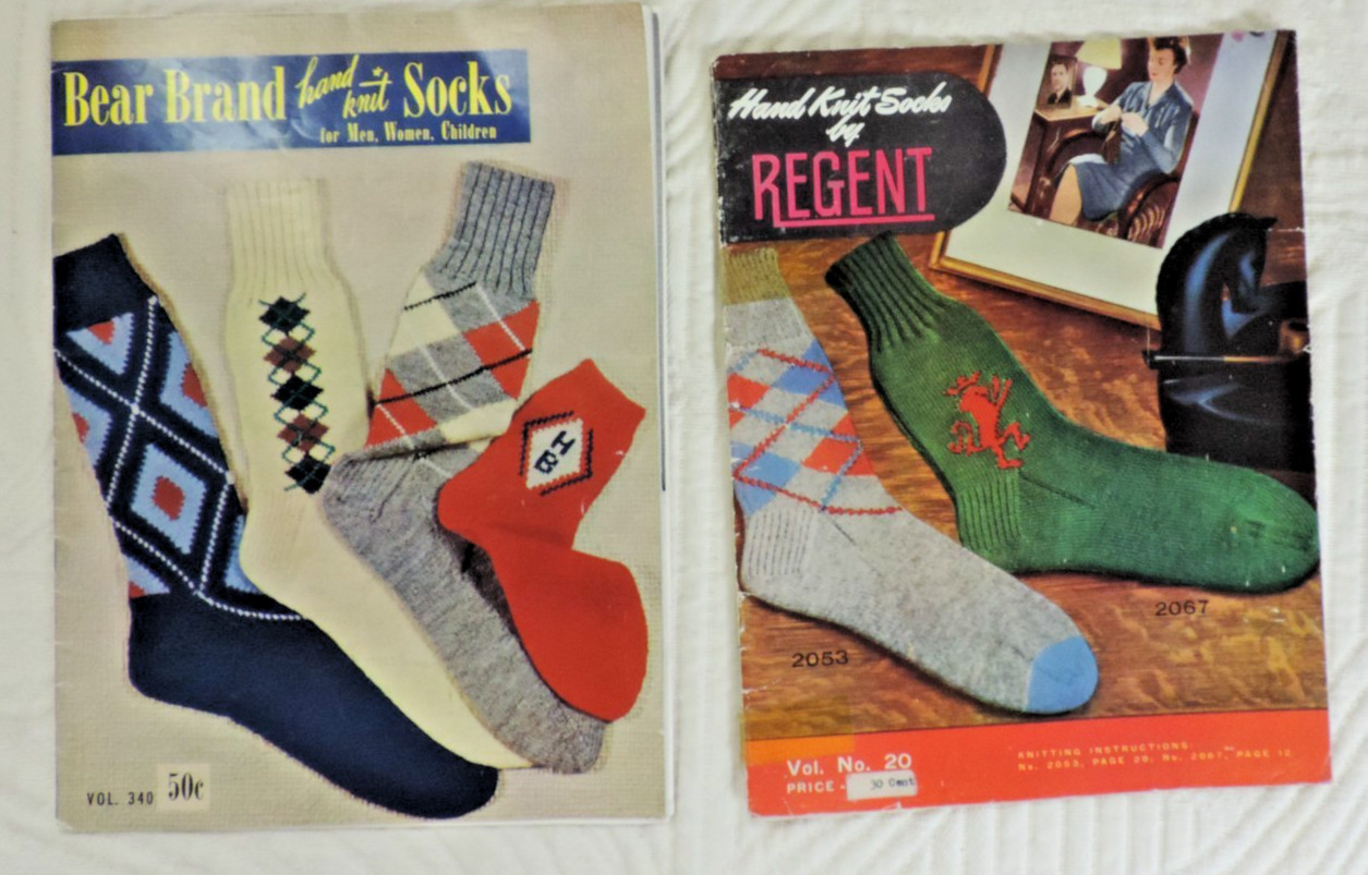 2 Knitting Socks Magazines #20/#340 Women/Men/Child Slippers/Sweater 1950s