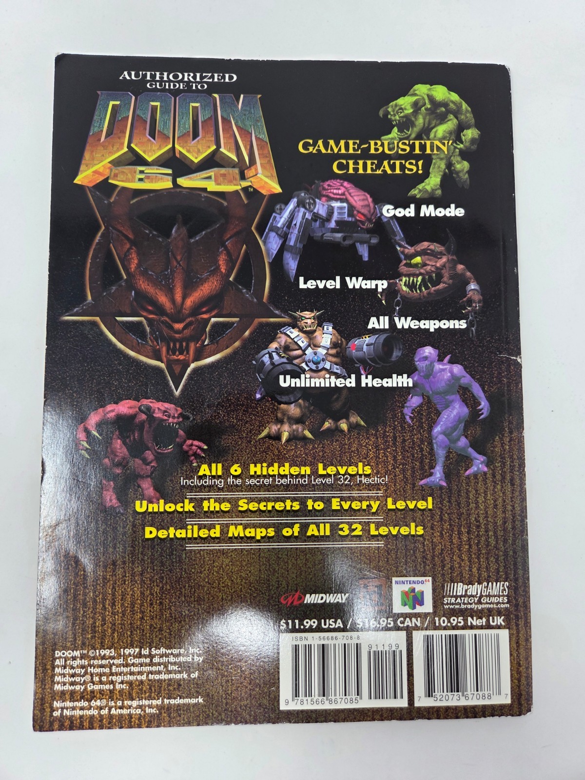1997 DOOM 64 AUTHORIZED STRATEGY GUIDE BRADYGAMES NINTENDO 64 MAPS CHEATS