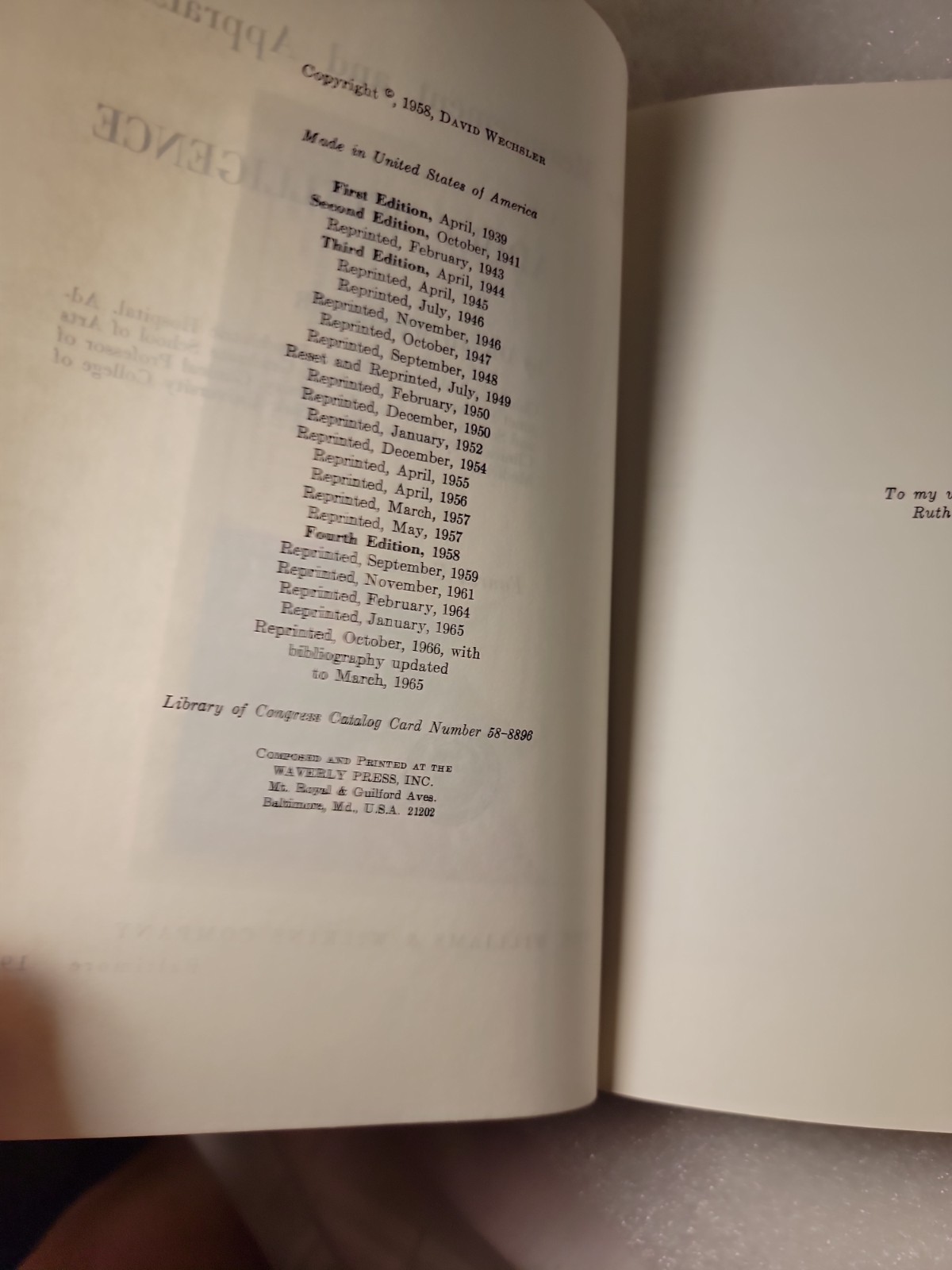 The Measurement and Appraisal of Adult Intelligence by David Wechsler hb 1958