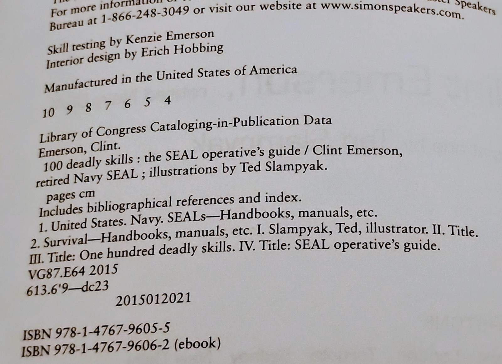 100 Deadly Skills: The NAVY SEAL Operative’s Guide by Clint Emerson 2015 PB