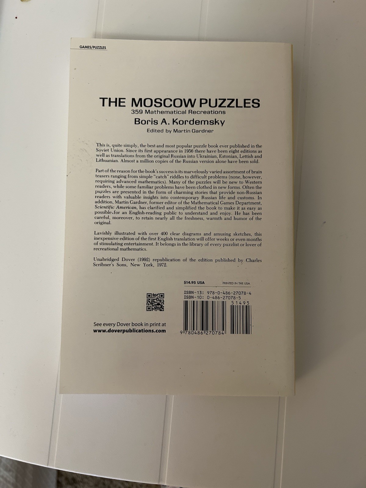 The Moscow Puzzles : 359 Mathematical Recreations Paperback Boris