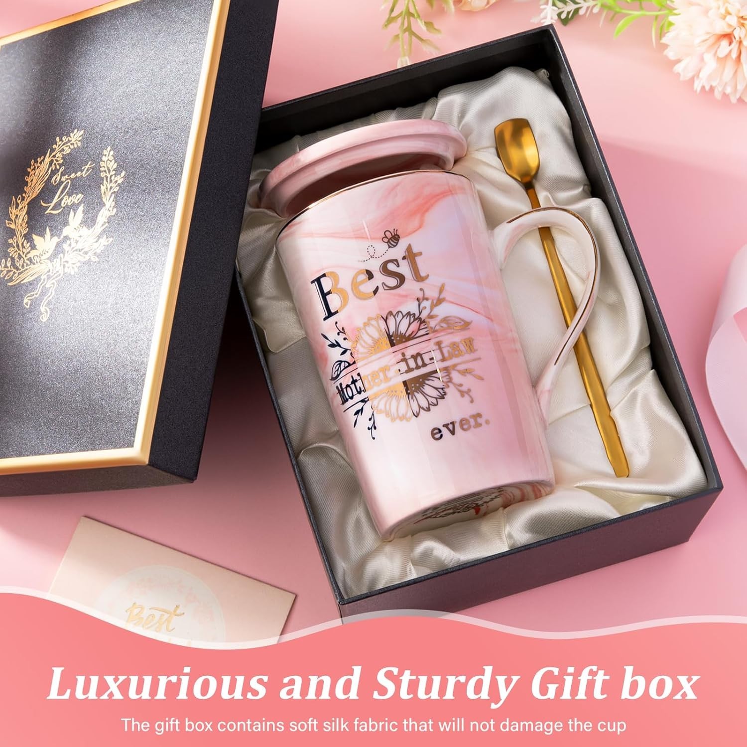 Thoughtful Mother-in-Law Gift: 14oz Pink Marble Mug with Elegant Gold Accents