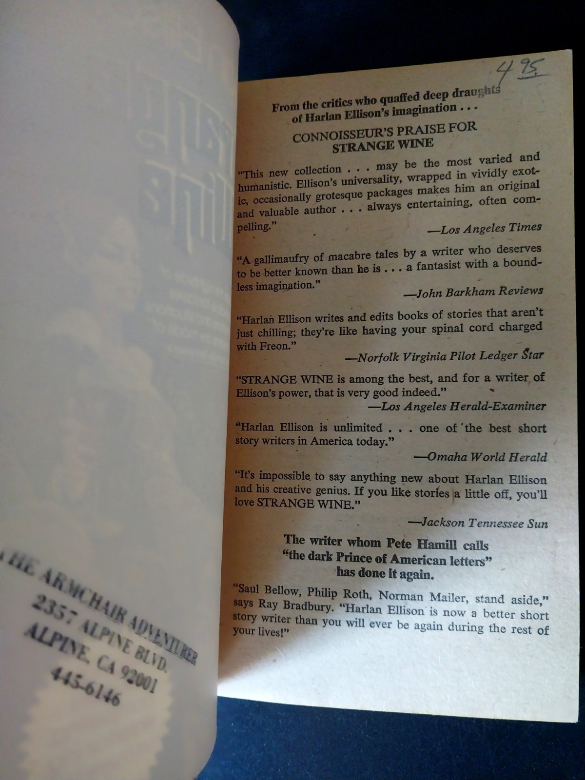 Harlan Ellison – Strange Wine – Warner Books Fourth Printing