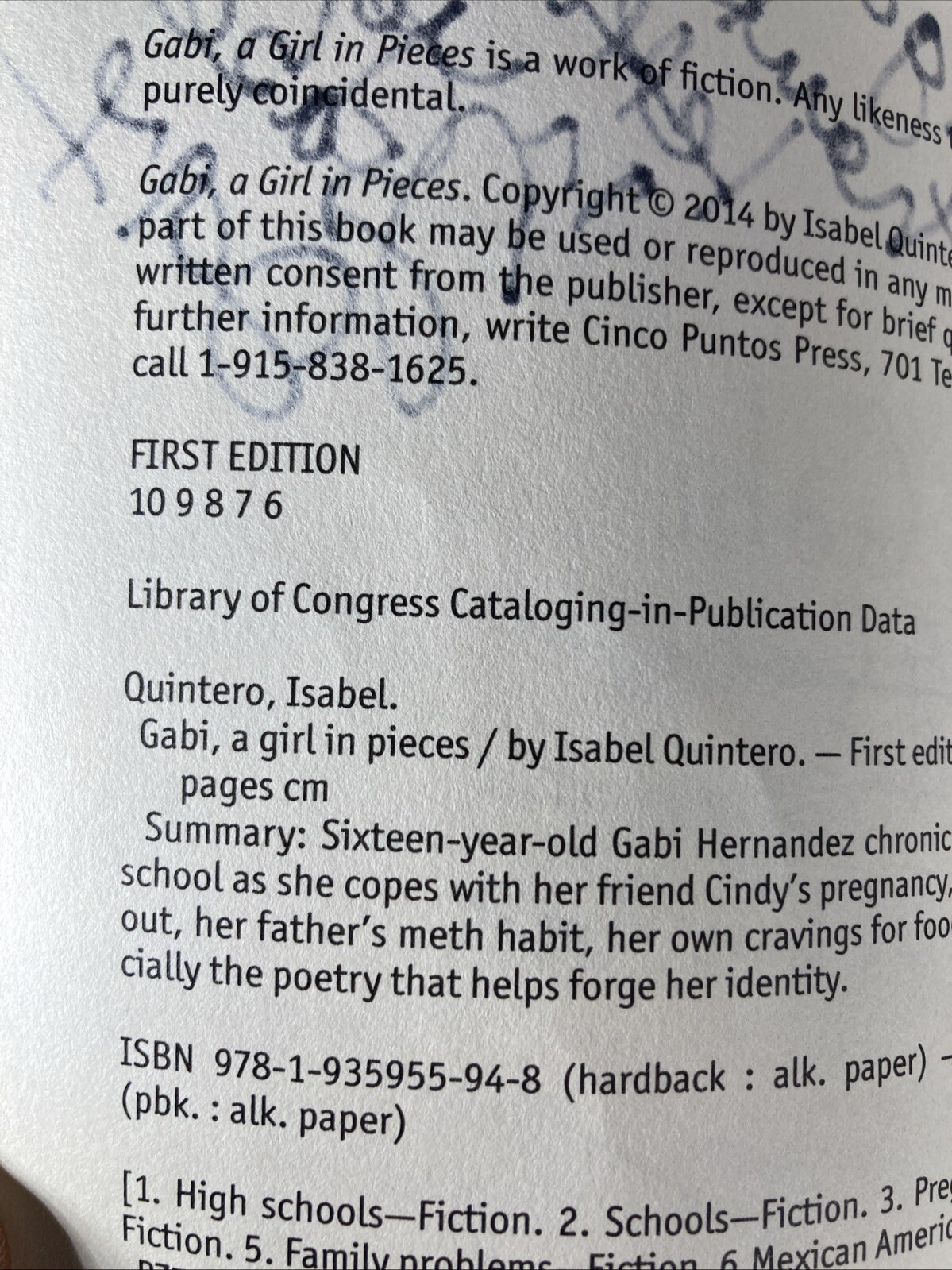 Gabi , A Girl In Pieces, First Edition, Signed By Author Isabel Quintero 2014