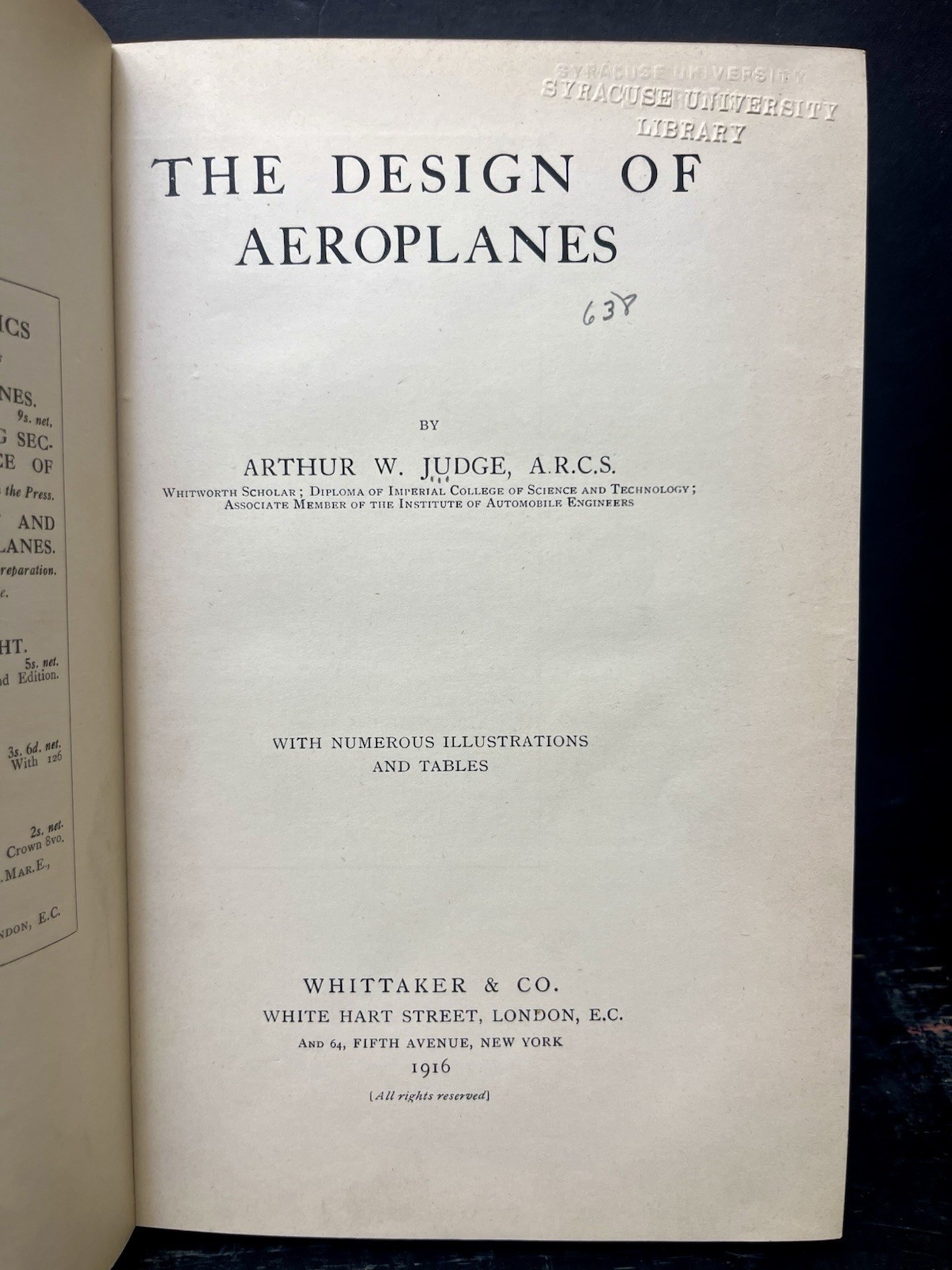 The Design of Aeroplanes by Arthur Judge 1916 Hardback Good X