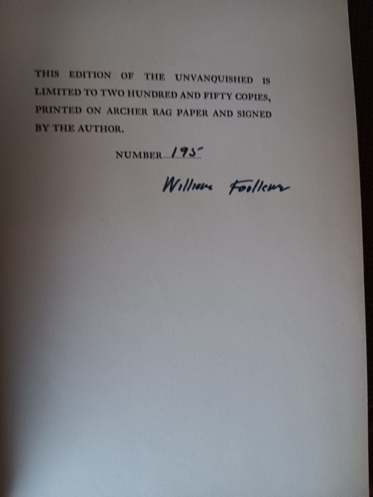 Unvanquished by William Faulkner signed numbered edition out of 250 nobel