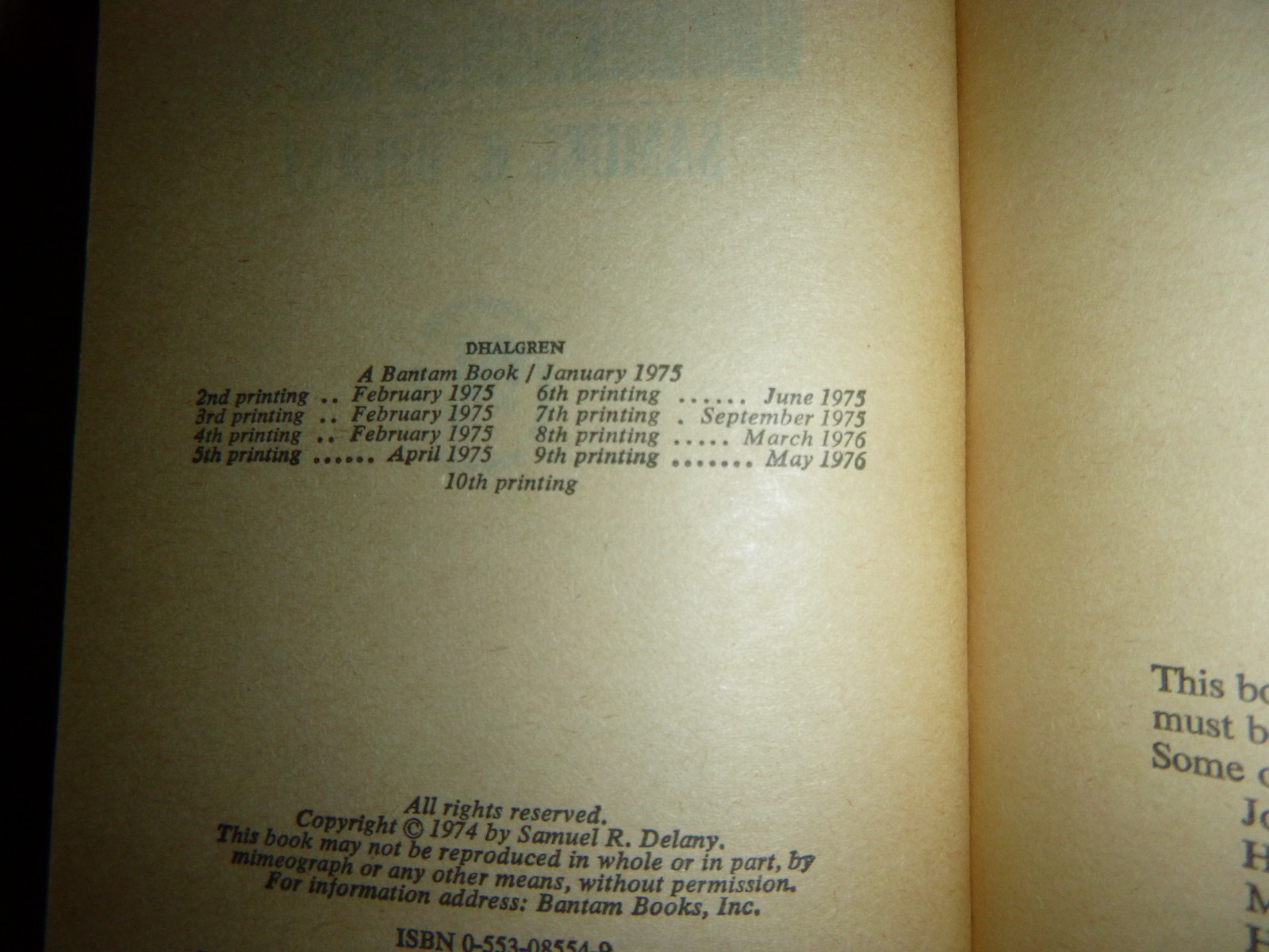 Dhalgren by Samuel R. Delany 1975 10th Printing Bantam Vintage Paperback