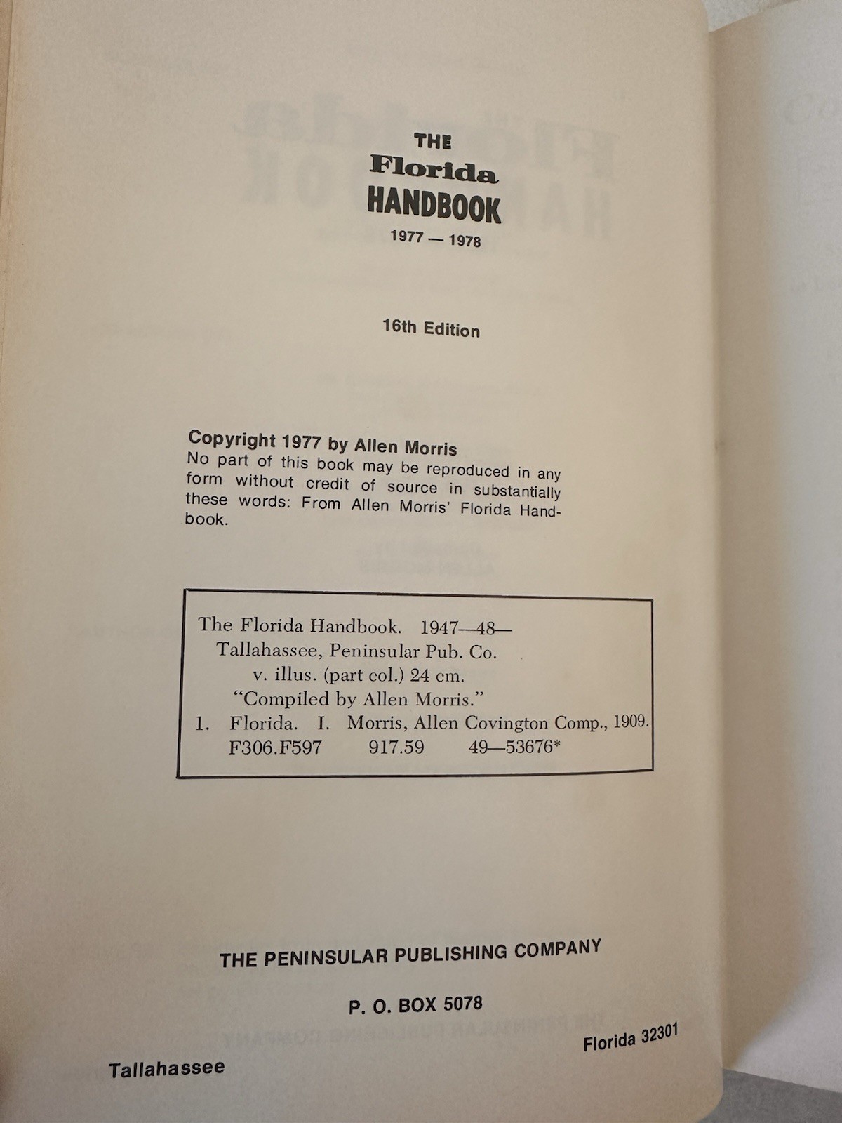 The Florida Handbook 1977-1978 Allen Morris 16th Edition Peninsular