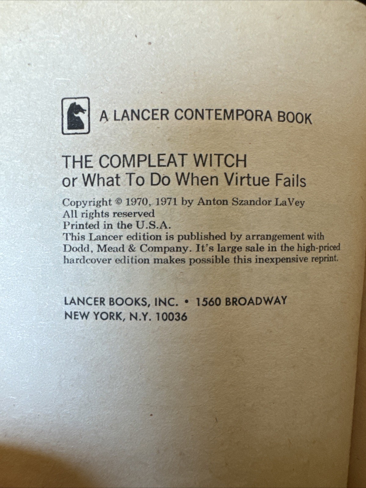 The Complete Witch by Anton Candor Lacey Author of The Satanic Bible Paperback