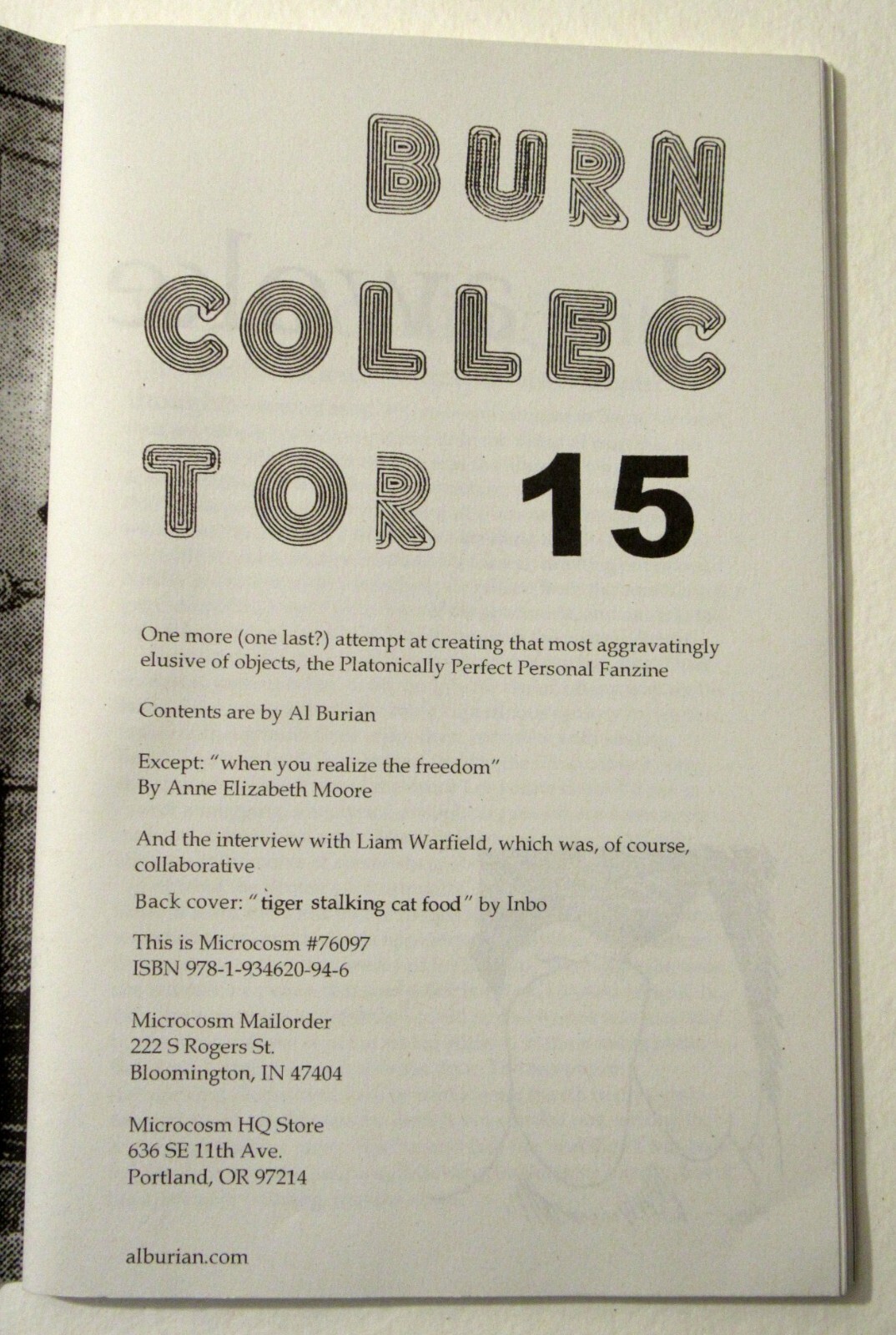 BURN COLLECTOR 15 – by Al Burian – Zine – Fanzine – Personal Writings – Reviews