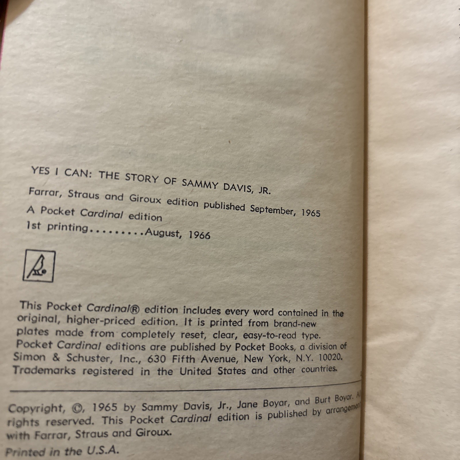 Yes I Can : The Story of Sammy Davis, Jr by Jane and Burt Boyar and Sammy Davis