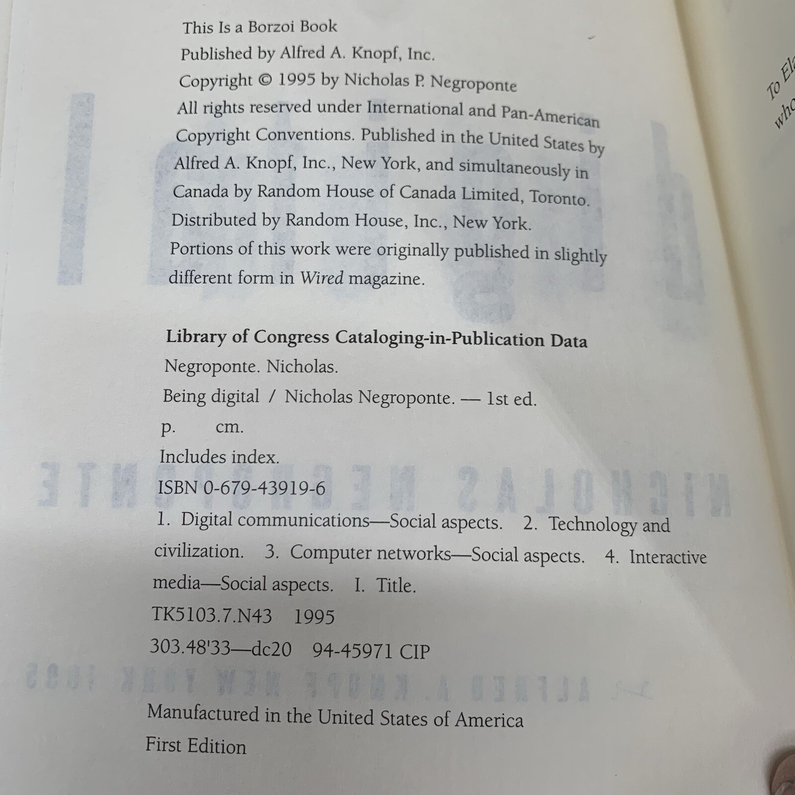 BEING DIGITAL by Nicholas Negroponte – 1st Edition Hard Cover DJ 1995. C6