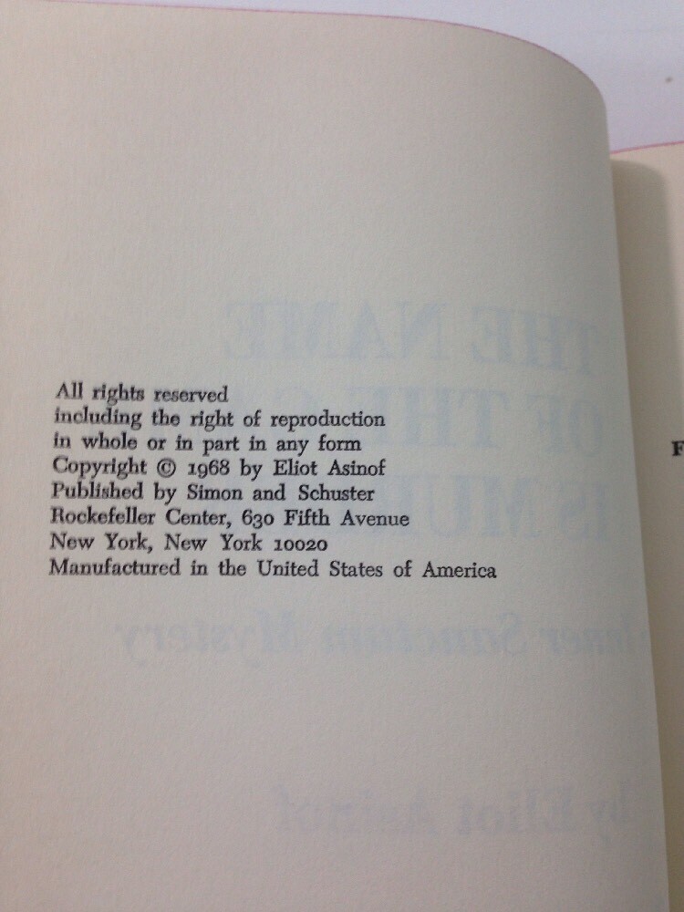 The Name of the Game is Murder – Eliot Asinof (Hardcover, 1968, Dust Jacket)