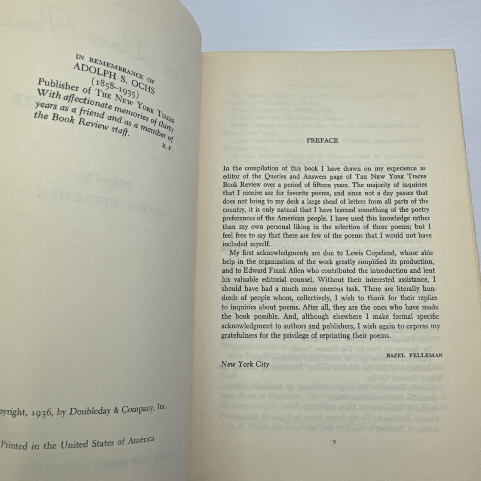The Best Loved Poems of the American People Selected by Hazel Felleman c1936 HC