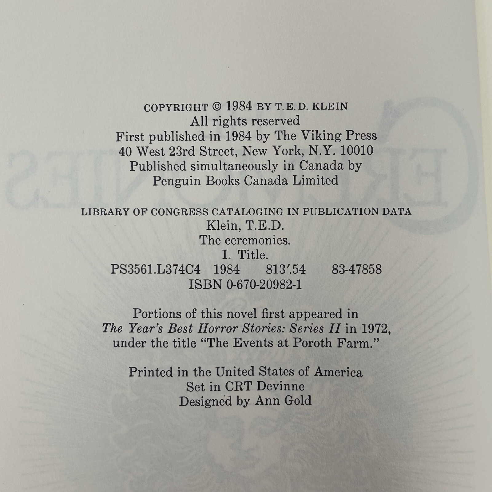 The Ceremonies by T. E. D. Klein FIRST Edition Viking Press 1984 HC/DJ Very GOOD
