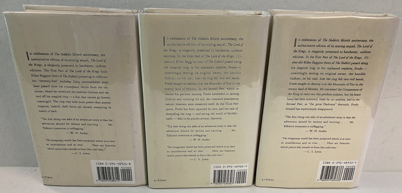 Tolkien’s LOTR 3 vol 1993 Houghton Mifflin Edition Later Prints HC/DJ EX-LIB GC