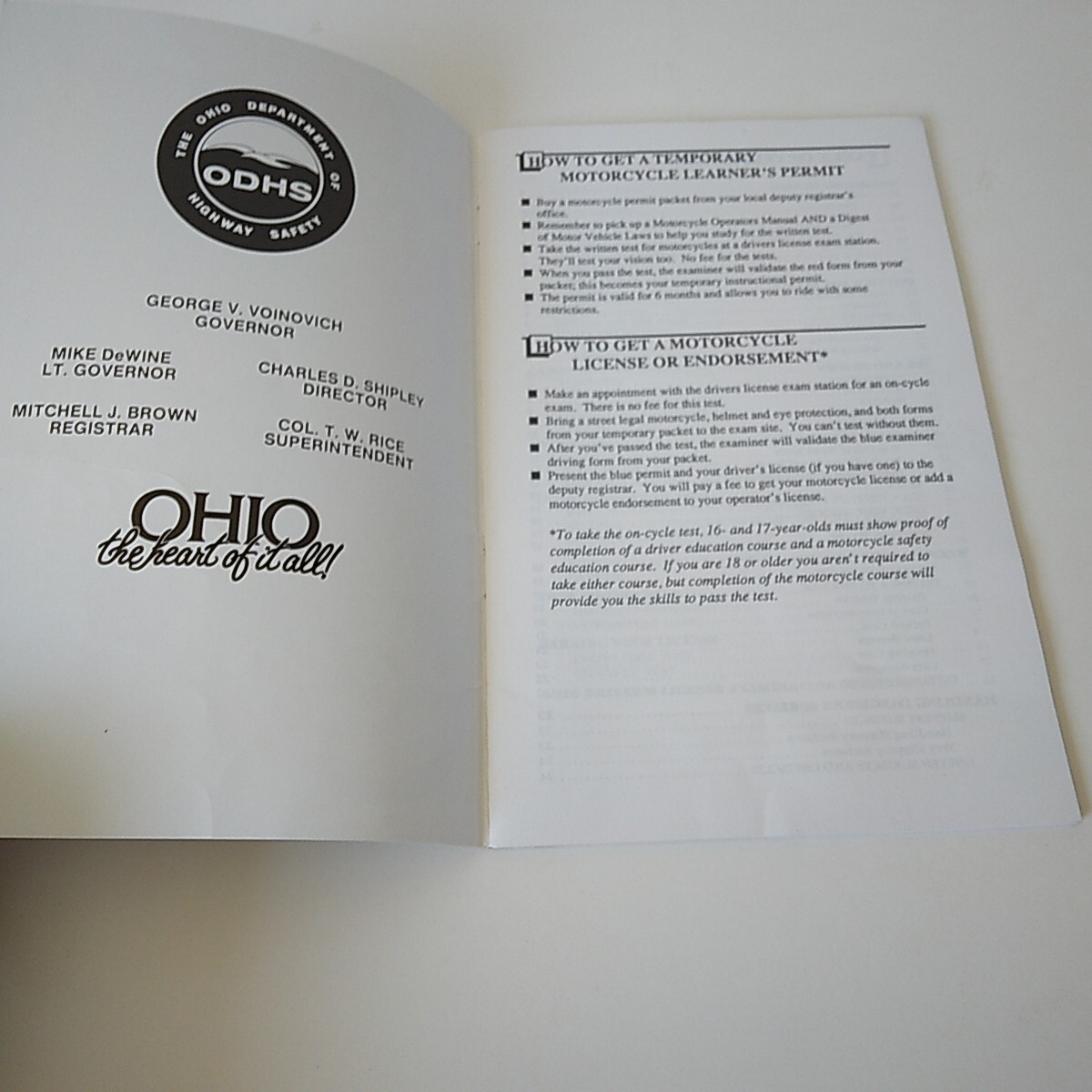 1992 “The Ohio Adventure: Motorcycle Operators Manual” ODHS 45 pages VG SC