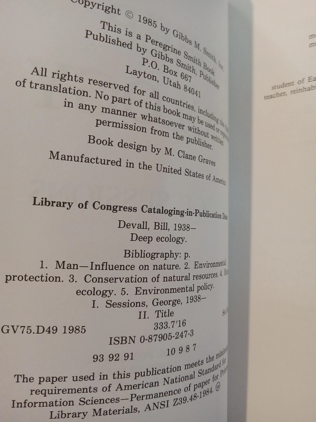 DEEP ECOLOGY Living as Nature Mattered Bill Devall 1985 PB Environment Climate