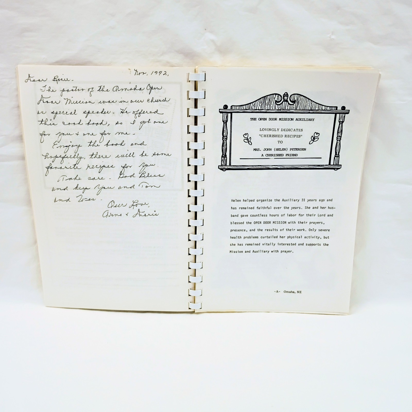 1992 Cherished Recipes The Open Door Mission Auxiliary Omaha Nebraska Cookbook
