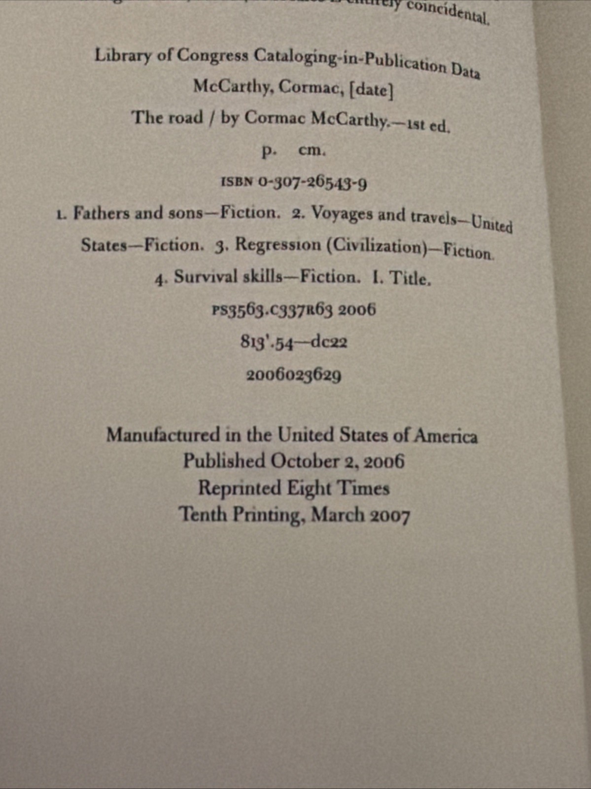 The Road by Cormac McCarthy – First Edition 10th Printing