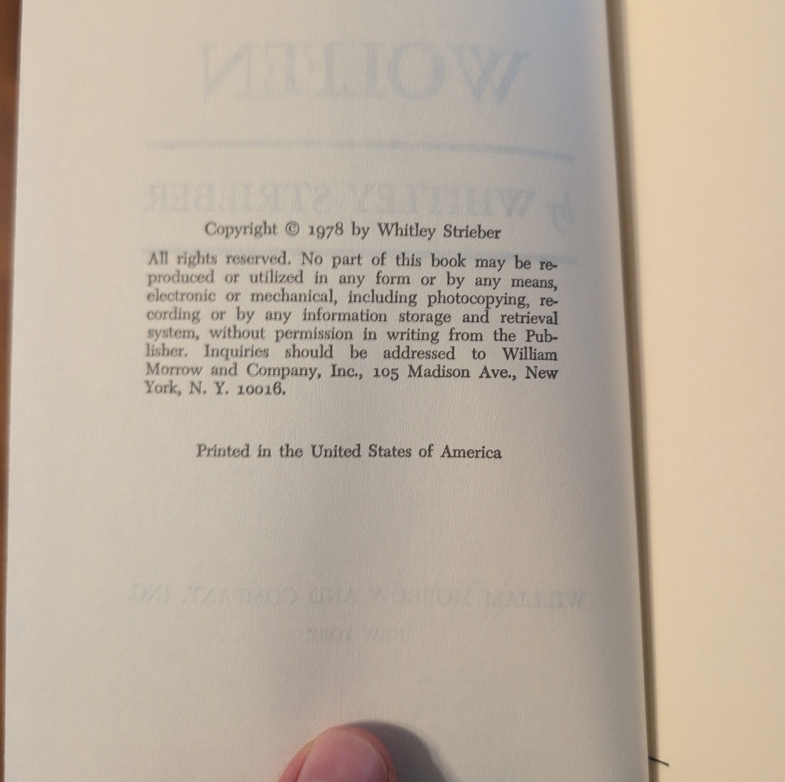The Wolfen, Whitley Strieber 1978 Morrow HC DJ Book Club BCE Horror, Werewolves
