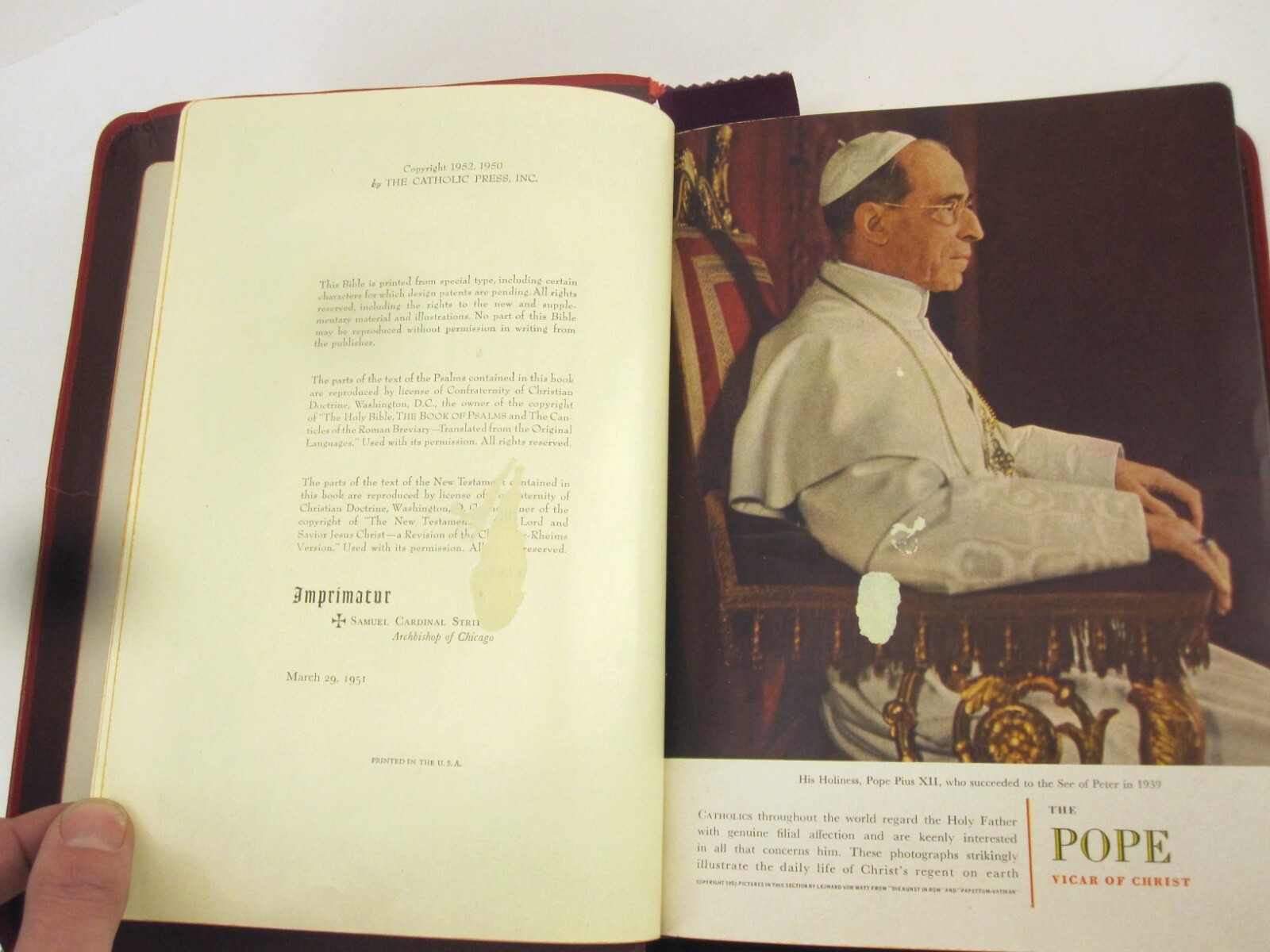 Holy Bible Papal Edition 1952 Leather Bound Book With Box, Please See Photos