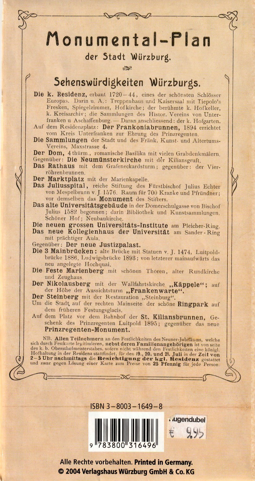 2004 – Monumantal-Falt-Plan (11×22 cm) Würzburg 1900 – aufgesclagen 81 x 58 cm