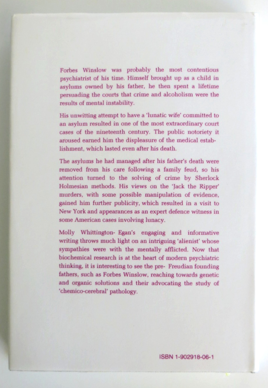 Doctor Forbes Winslow: Defender of the Insane Hardcover Book 280 pages Cappella