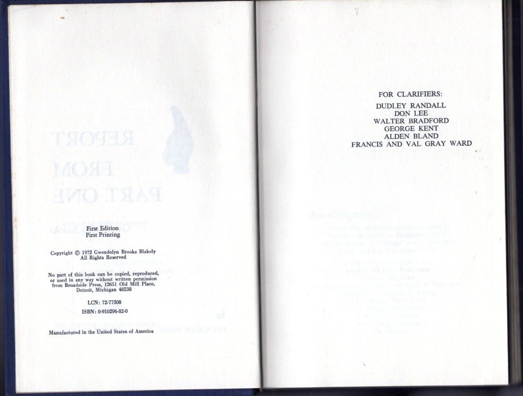Report From Part One by Gwendolyn Brooks (1972, Hardcover) 1st Ed NO DUST JACKET