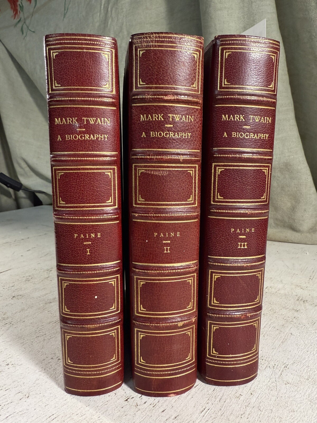 Mark Twain: A Biography by Paine 3 Antique Fine Binding Red Leather Books