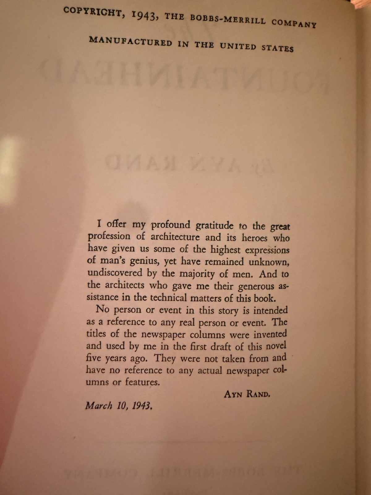 The Fountainhead Ayn Rand 1943 1st Ed Bobbs-Merrill Red Cloth HC Facsimile DJ