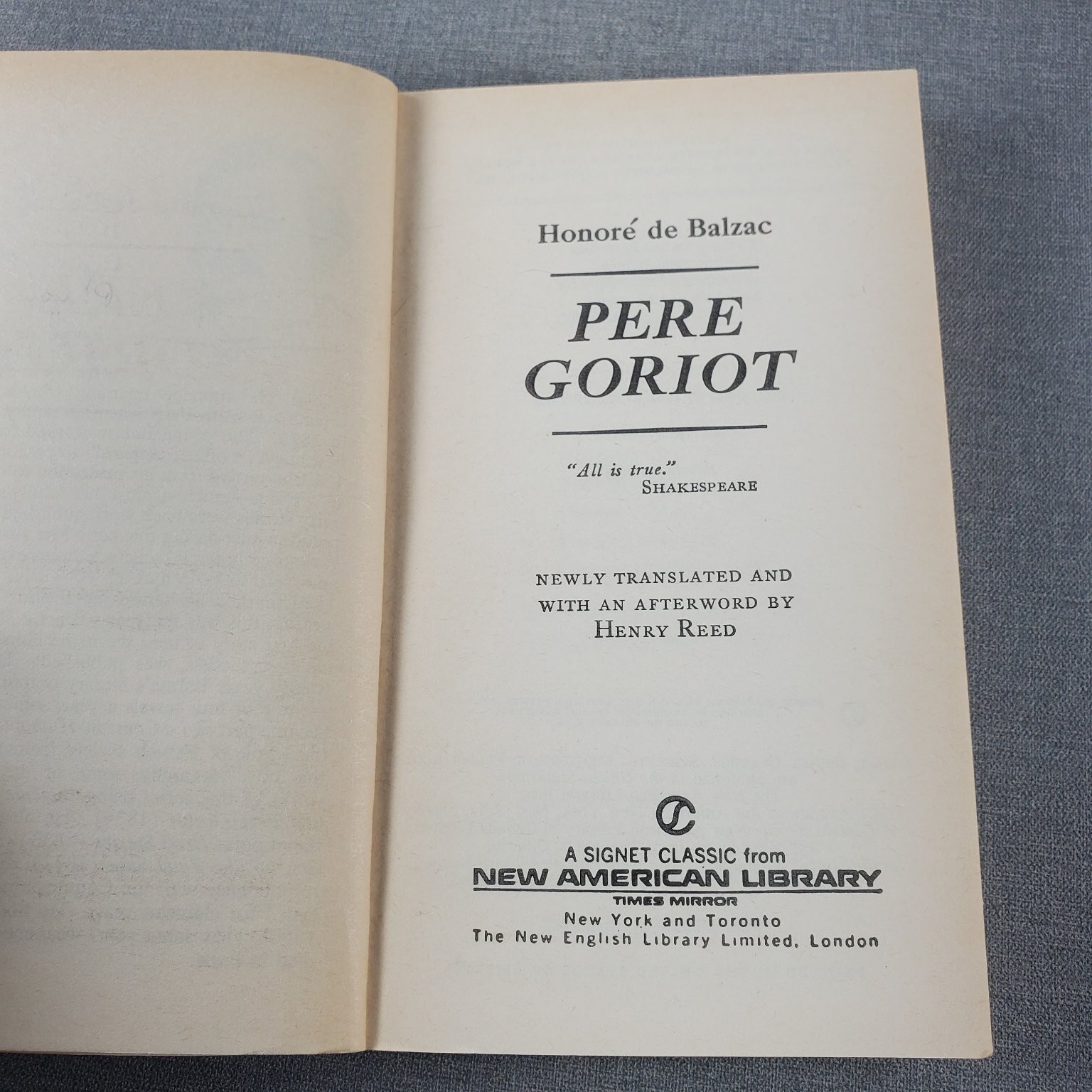 Pere Goriot Honore de Balzac 1962 Fourth Printing Signet Classic