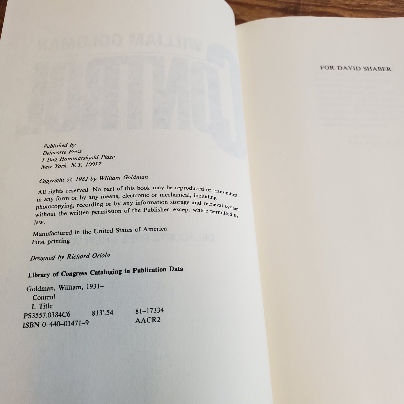 Control William Goldman 1982 First Printing Thriller Delacorte Press Hardcover